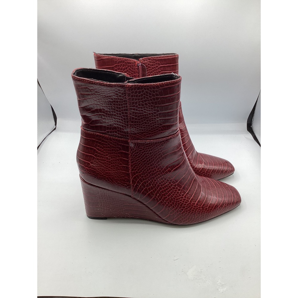 Eloquii Sienna Burgundy Croc Embossed Wedge Ankle Booties Square Toe 8W